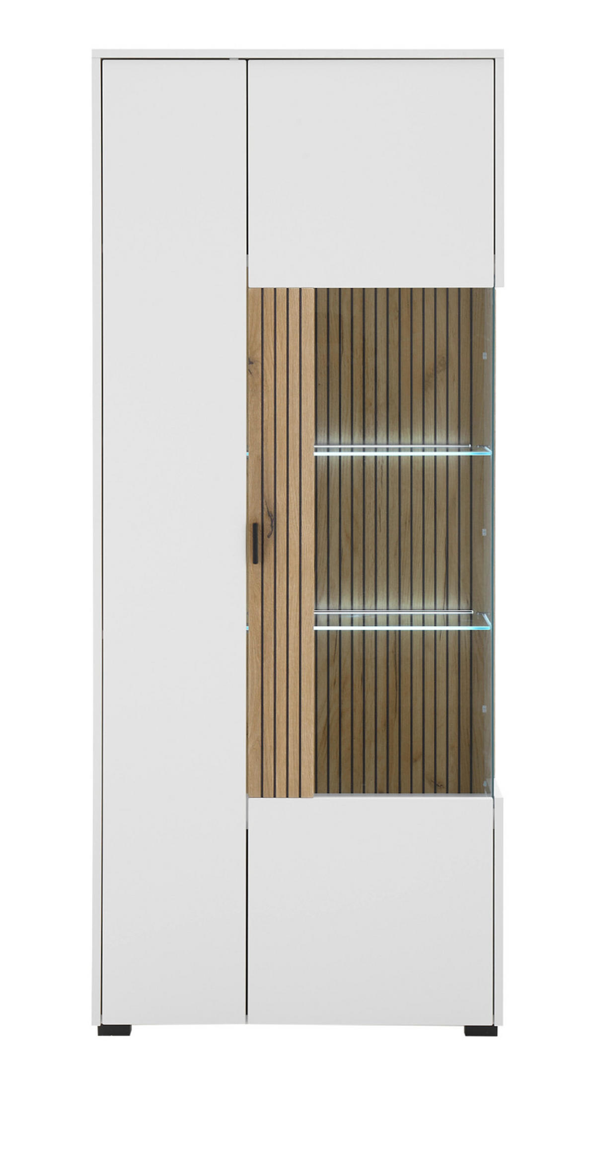 VITRINE weiß matt, Eiche 75 x 180 cm, Vitrinenschrank mit 10 Fächern und Soft-Close-Funktion - Eichefarben/Schwarz, Glas/Holzwerkstoff (75/180/38cm) - Furn.Design