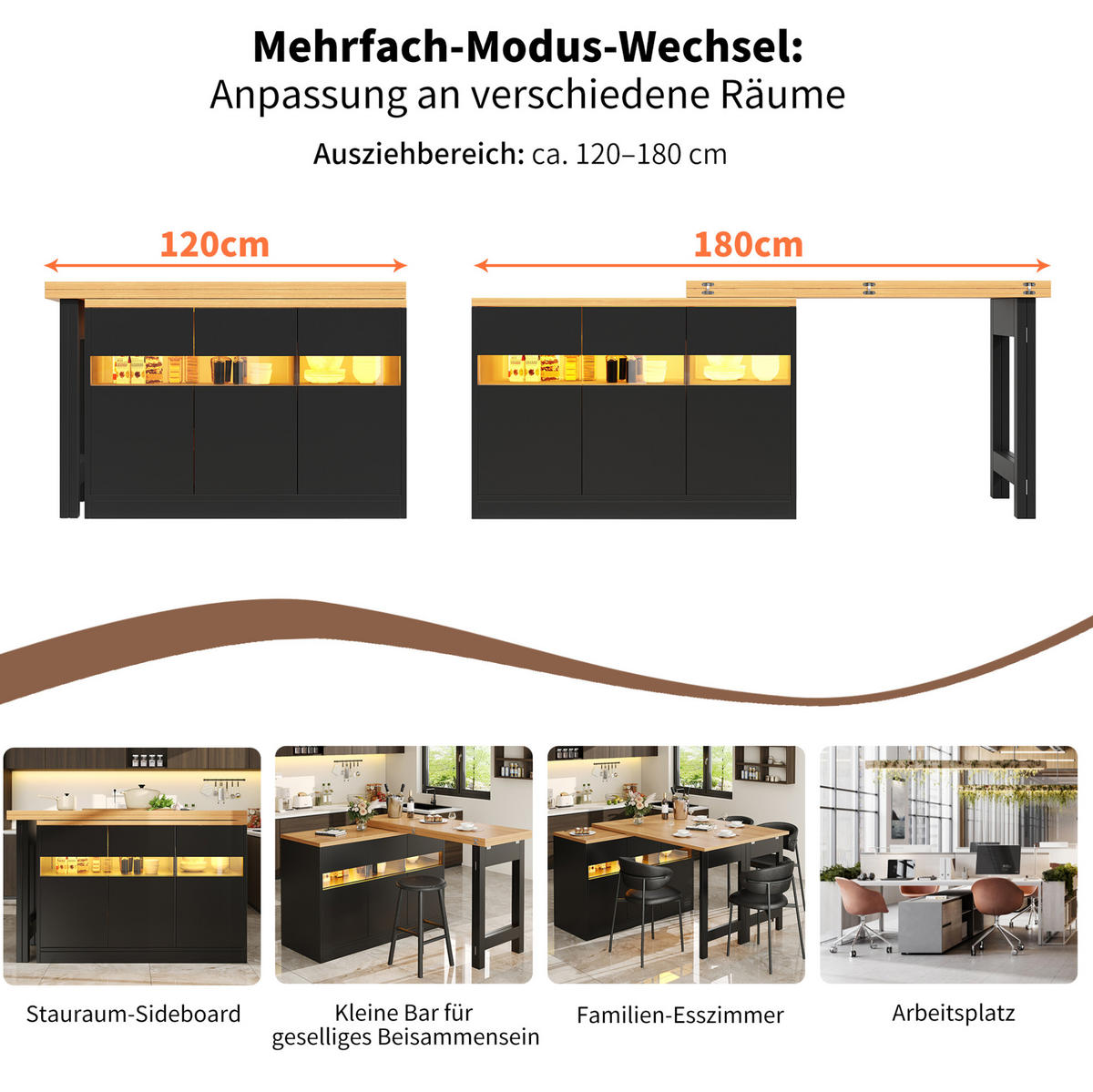 BARTISCH, MDF mit LED & 360° drehbar, ausziehbar 120-180/40/71,5 cm, Schwarz - Schwarz, Holzwerkstoff (40/71.5/107cm) - Redom
