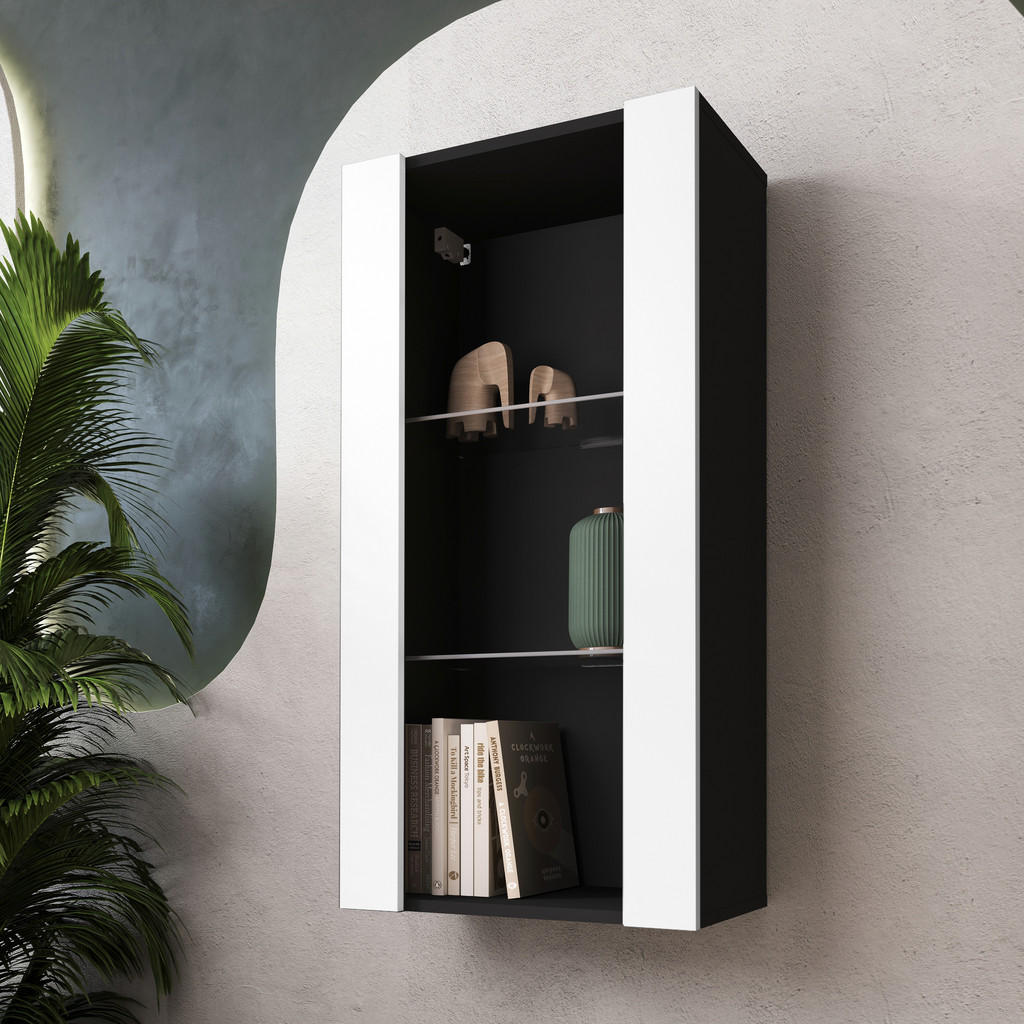 Thumbnail - Komodee Hängevitrine, Schwarz, Weiß, Glas, 2 Fächer, Rechteckig, 50x100x29.5 cm, Wohnzimmer, Wohnwände, Vitrinenschränke