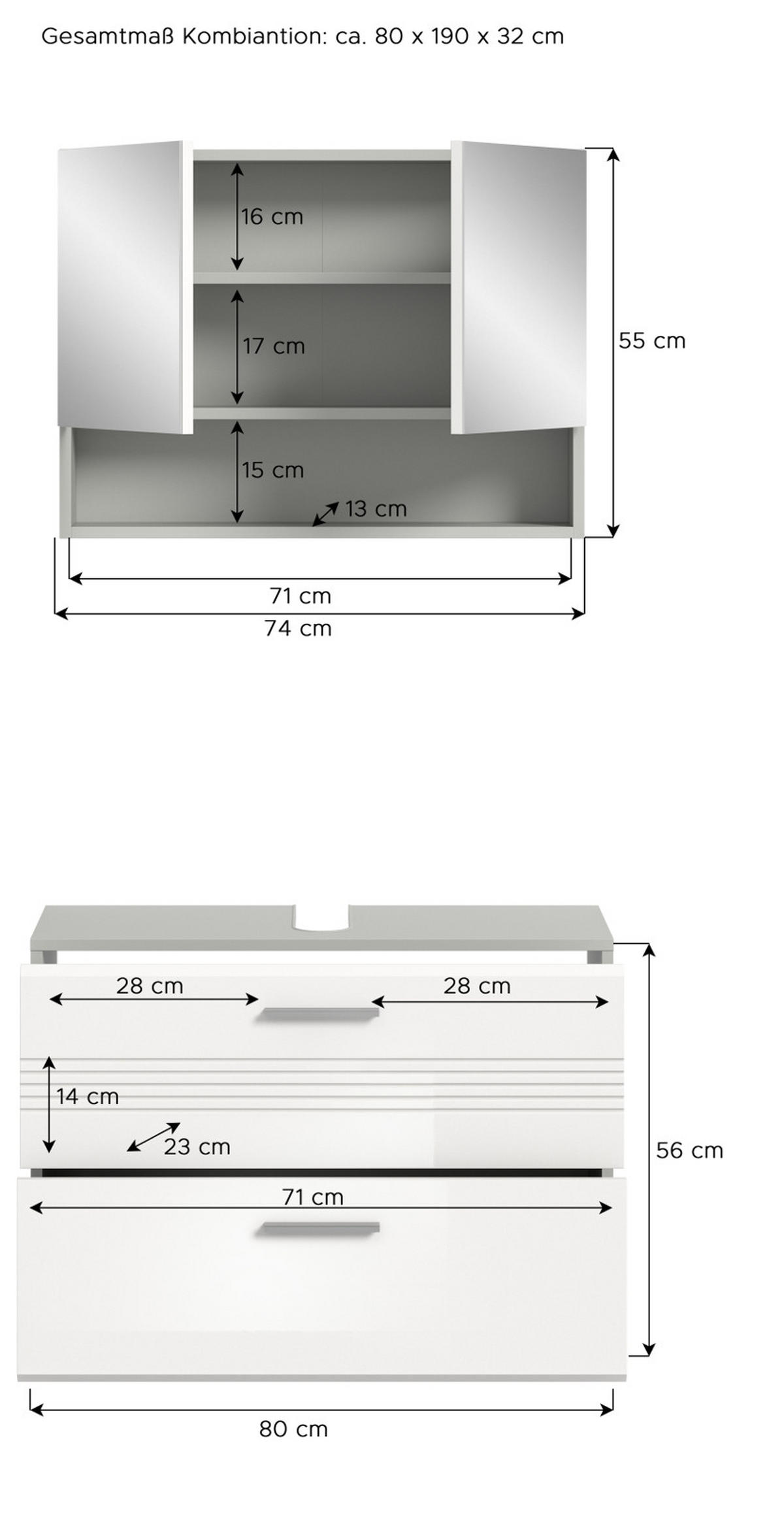 BADMÖBEL-SET 2-teilig weiß Hochglanz, grau 80 cm, Komplettset mit Soft-Close - Weiß Hochglanz/Grau, Glas/Holzwerkstoff (80/190/32cm) - Inn.Furn