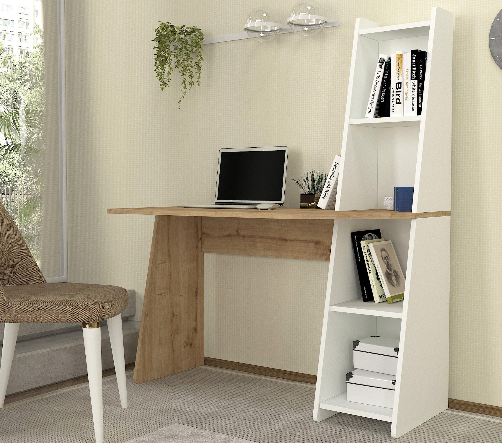 Thumbnail - moebel17 Schreibtisch, Weiß, Beige, Holzwerkstoff, Holz Optik, 2 Fächer, Rechteckig, 120x74x60 cm, Arbeitszimmer, Schrei...