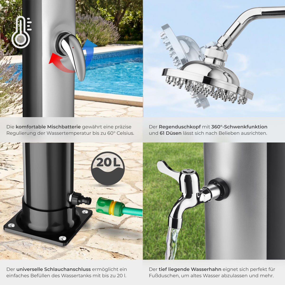 SOLARDUSCHE Tinto, extra Wasserhahn, inklusive Schutzhülle, schwarz/silber - Silberfarben/Schwarz, Kunststoff (15.5/221/42.5cm) - tectake
