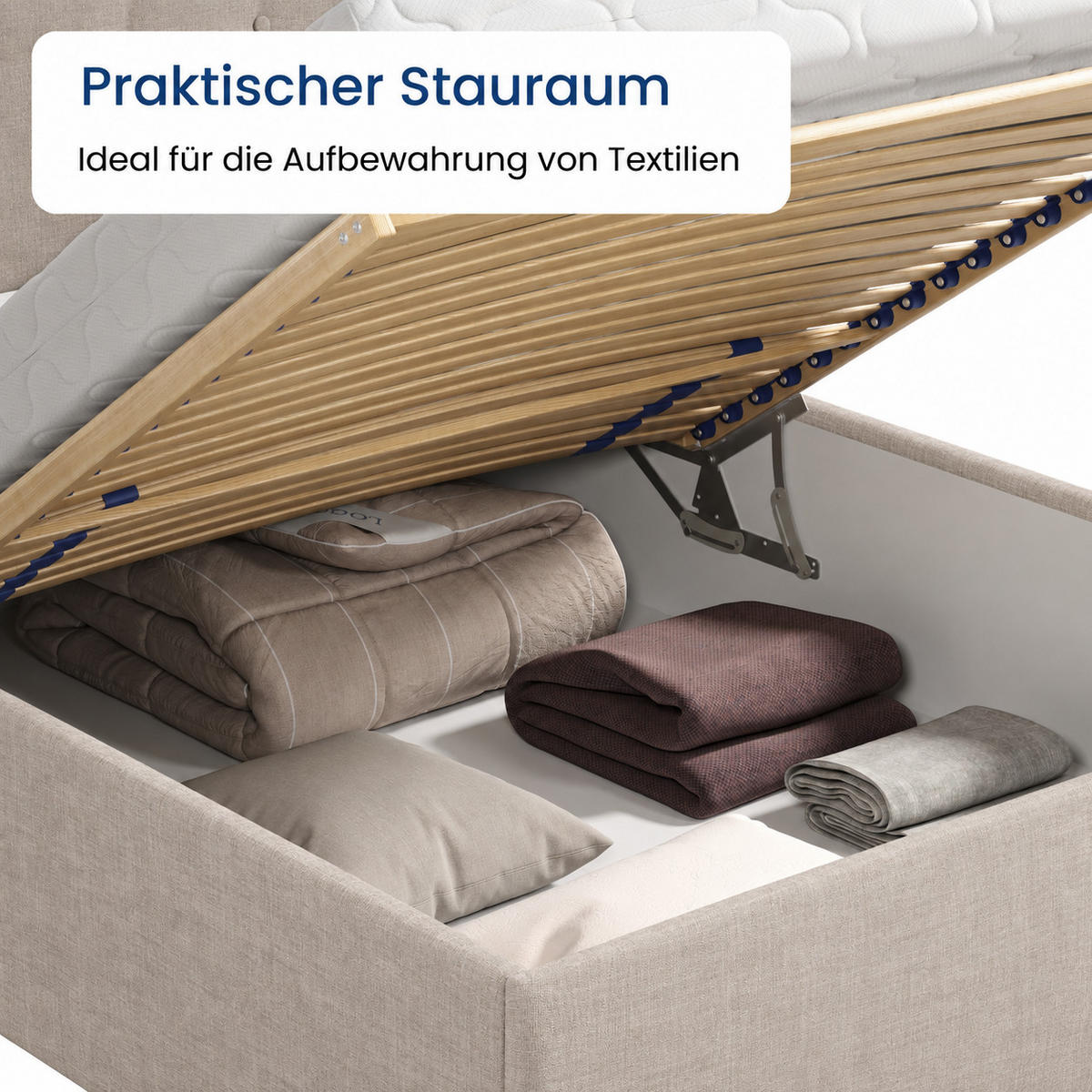 POLSTERBETT mit verstellbarem Lattenrost & Bettkasten, Kaltschaummatratze, 180 x 200 cm in Creme - Creme, Holzwerkstoff/Textil (180/200cm) - Home Collective