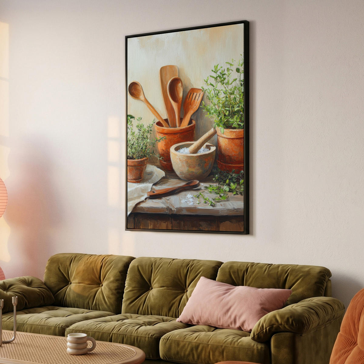 LEINWAND Bilder mit Rahmen - Töpfe - Kräuter - Holz - 80x120 - Terracotta, Textil (80/120cm) - MuchoWow