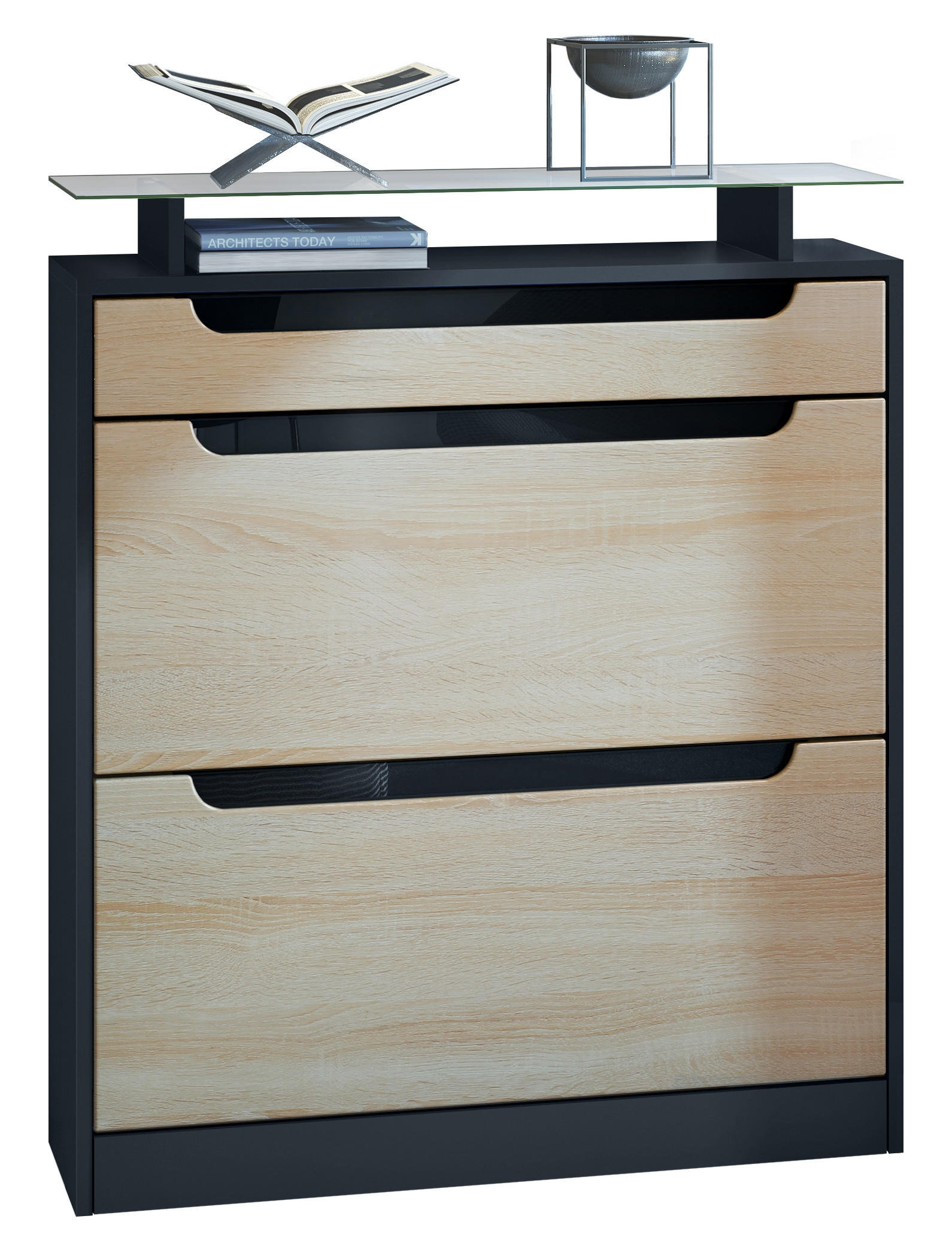 SCHUHSCHRANK Fiesta Eiche sägerau / Schwarz Hochglanz - Eiche San Remo, Holzwerkstoff (89/104/23cm) - Vladon