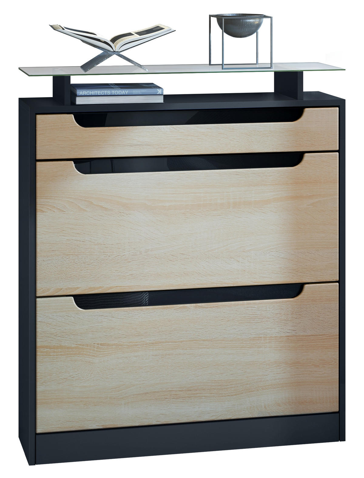 SCHUHSCHRANK Fiesta Eiche sägerau / Schwarz Hochglanz - Eiche San Remo, Holzwerkstoff (89/104/23cm) - Vladon