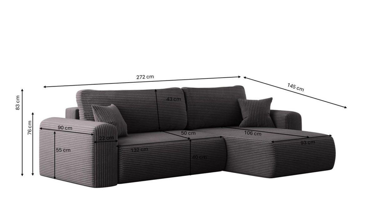 ECKSOFA Mit Schlaffunktion und Stauraum für Bettzeug Capri Stoff Poso Dunkelgrau Rechts - Dunkelgrau, Holz/Textil (272/145cm) - Kaiser Möbel