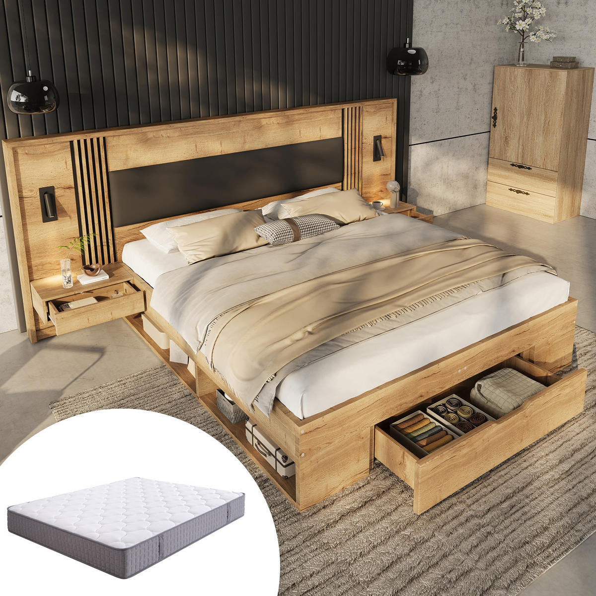 DOPPELBETT Natur 160x200 Matratze Stauraum Schubladen Nachttische - Naturfarben, Holzwerkstoff (160/200cm) - FLIEKS