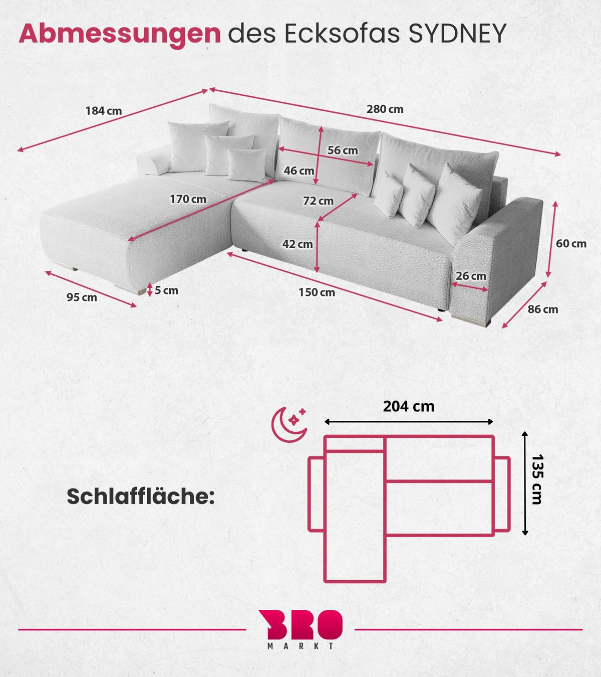 ECKSOFA Sydney mit Schlaffunktion Weiß Boucle - Ecru/Weiß, Textil (280/184cm) - Bromarkt