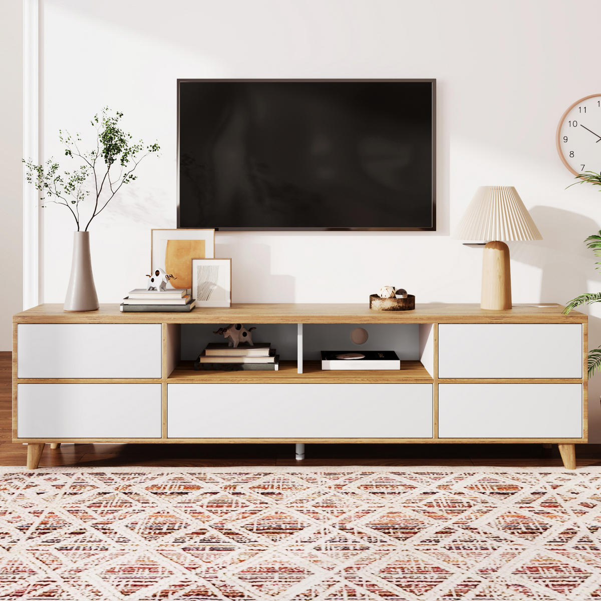 TV-ELEMENT mit 4 Türen 175 x 37 x 51 cm MDF Weiß und Holzoptik - Weiß, Holzwerkstoff (37/51/175cm) - Beauniv