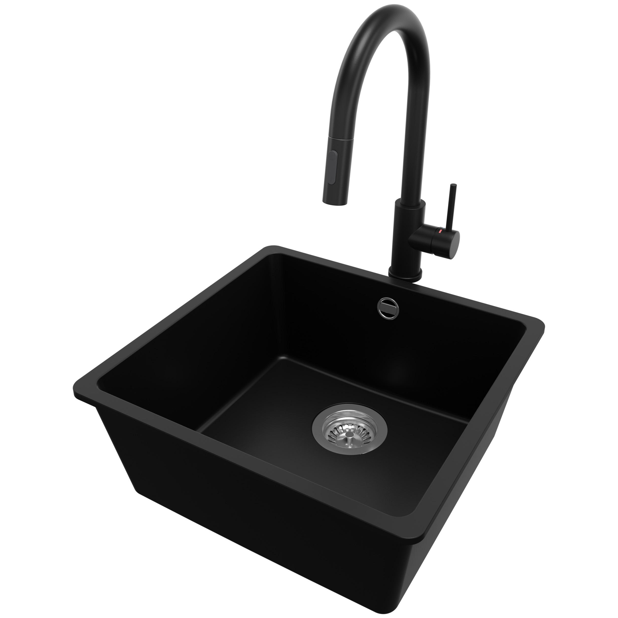 GRANITSPÜLE Venedig Slim Easy, 2-er set Schwarz 46/44 cm 1 Becken + Küchenarmatur 40/20 cm + Ablauf-Set ab 50er Unterschrank - Chromfarben/Schwarz, Kunststoff (46/20/44cm) - Primagran