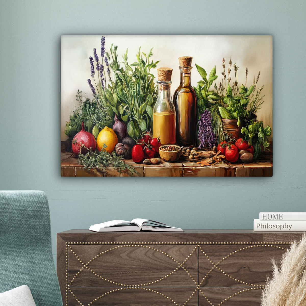 LEINWANDBILD Stilleben - Kräuter - Gewürze - Früchte - Farbenfroh Gemälde 60x40 cm - Grün, Textil (60/40cm) - MuchoWow