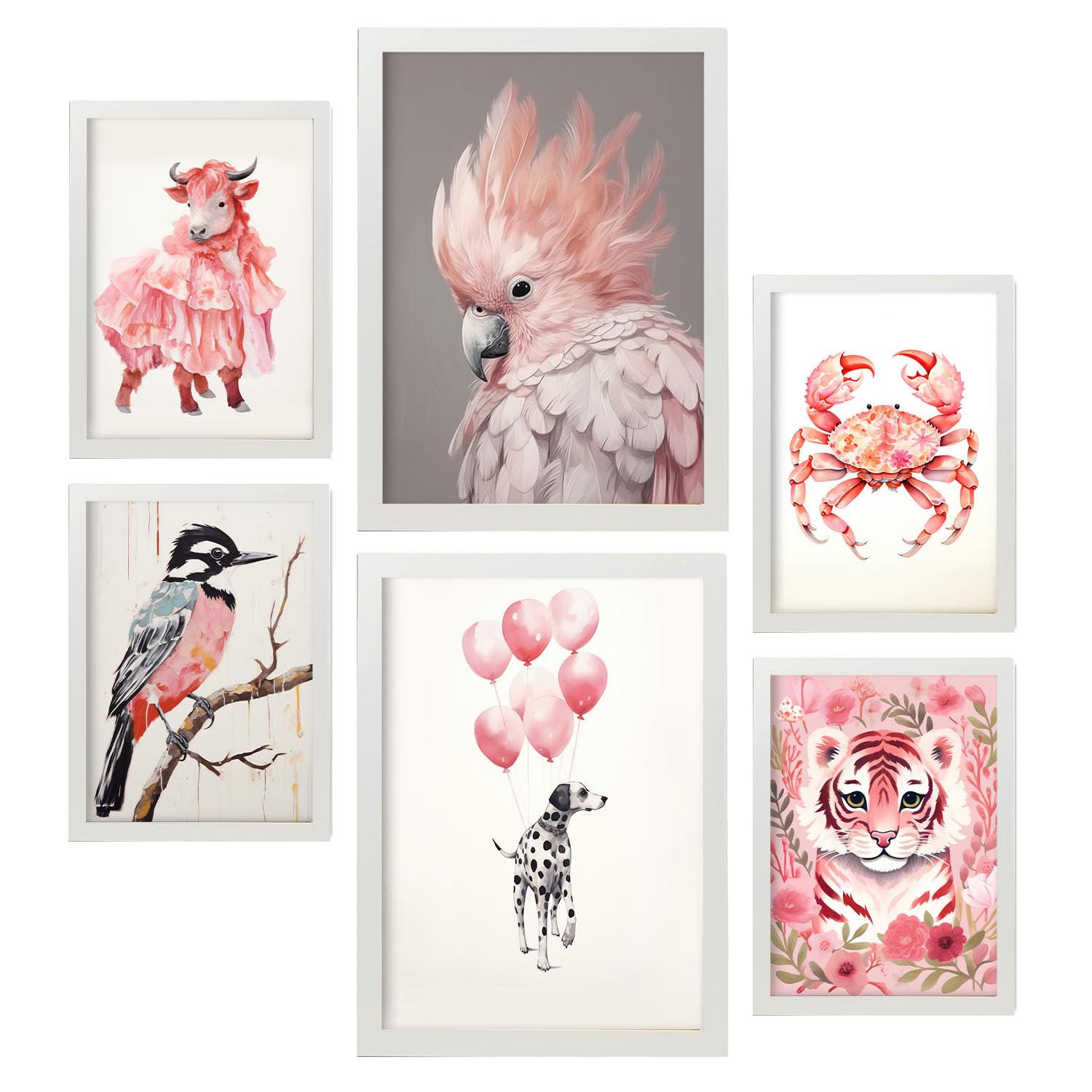 POSTER Set Mit 6 Rosa Tiere A3 & A4 Weißer Rahmen - Weiß, Papier (29/3cm) - Nacnic