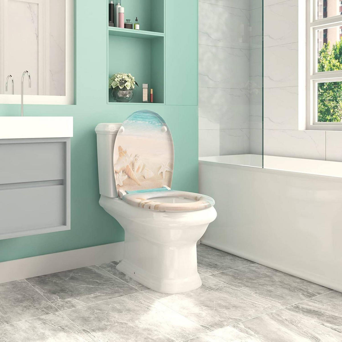TOILETTENDECKEL mit Absenkautomatik, aus Duroplast, Oval - Blau/Hellbraun, Kunststoff (37/2.51/47cm) - Woltu