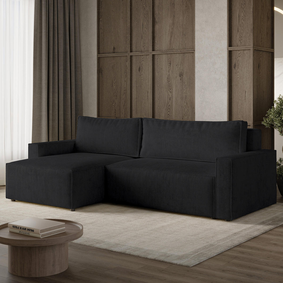 ECKSOFA LIVIO L mit Schlaffunktion und Bettkasten, weicher, dicker Cord pet friendly - POSO 135 - Schwarz, Holz (230/90/195cm) - Dekori_Interiors