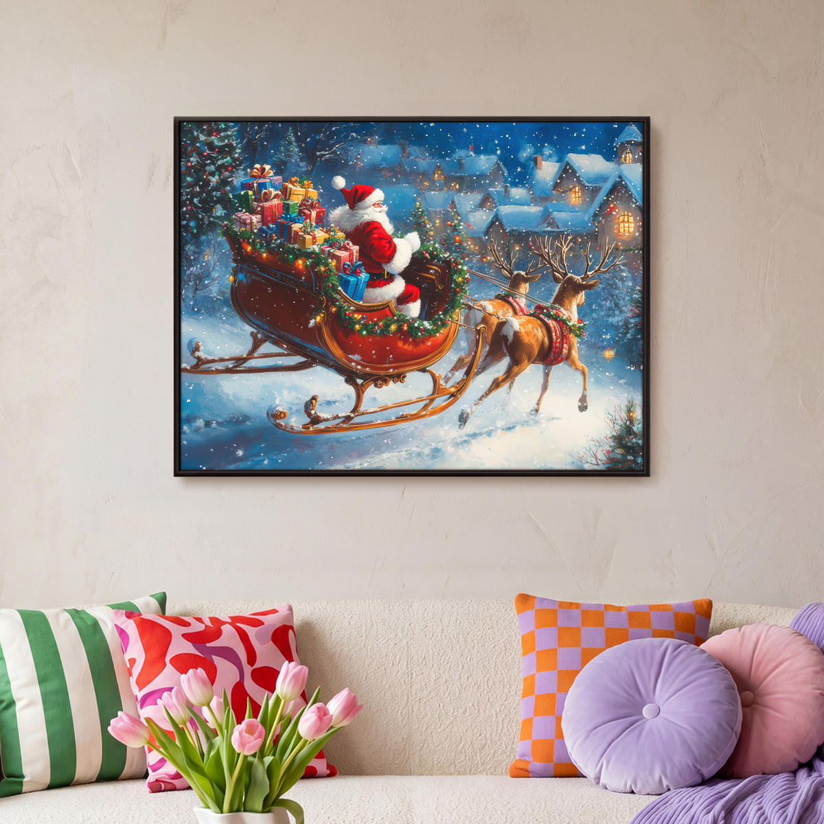 LEINWAND Bilder mit Rahmen - Weihnachtsmann - Rentier - Weihnachten - Schnee - 70x50 - Cognac, Textil (70/50cm) - MuchoWow