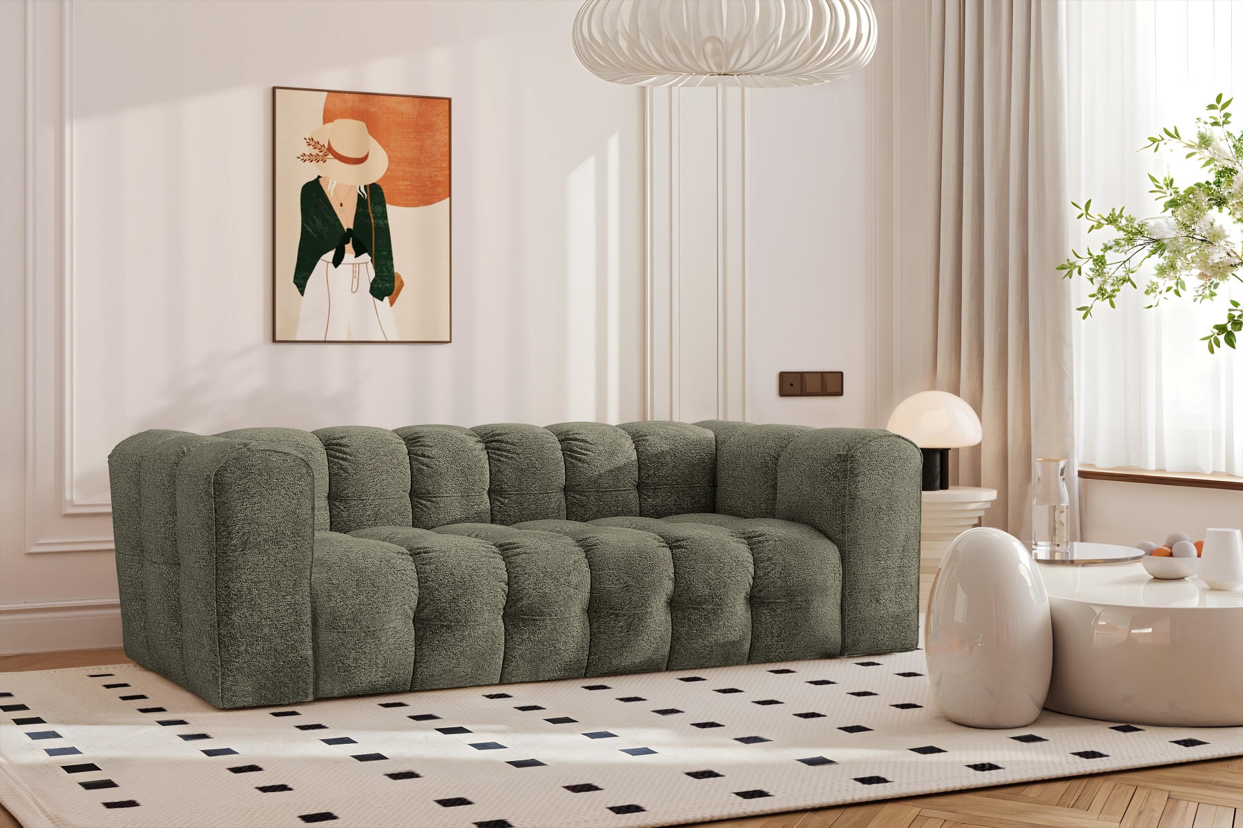 SOFA 3-Sitzer, Komfort, BALOO, Stoff Schenille & Bouclé, Grün - Grün, Holz (222/75/106cm) - Kaiser Möbel