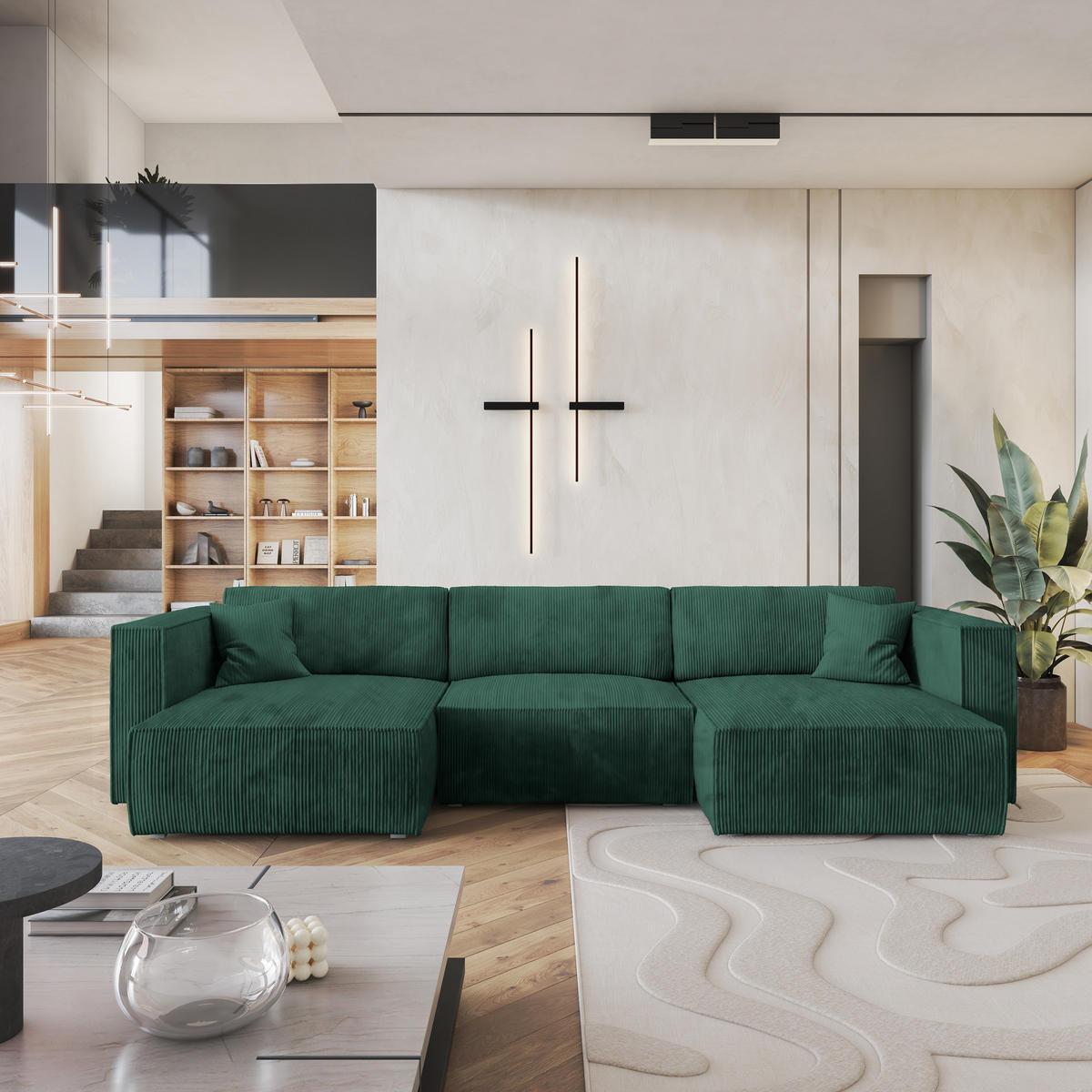 ROHOVÁ SEDAČKA SARMO tmavě zelená - šedá/tmavě zelená, dřevo/textil (347/148cm) - MASSENO