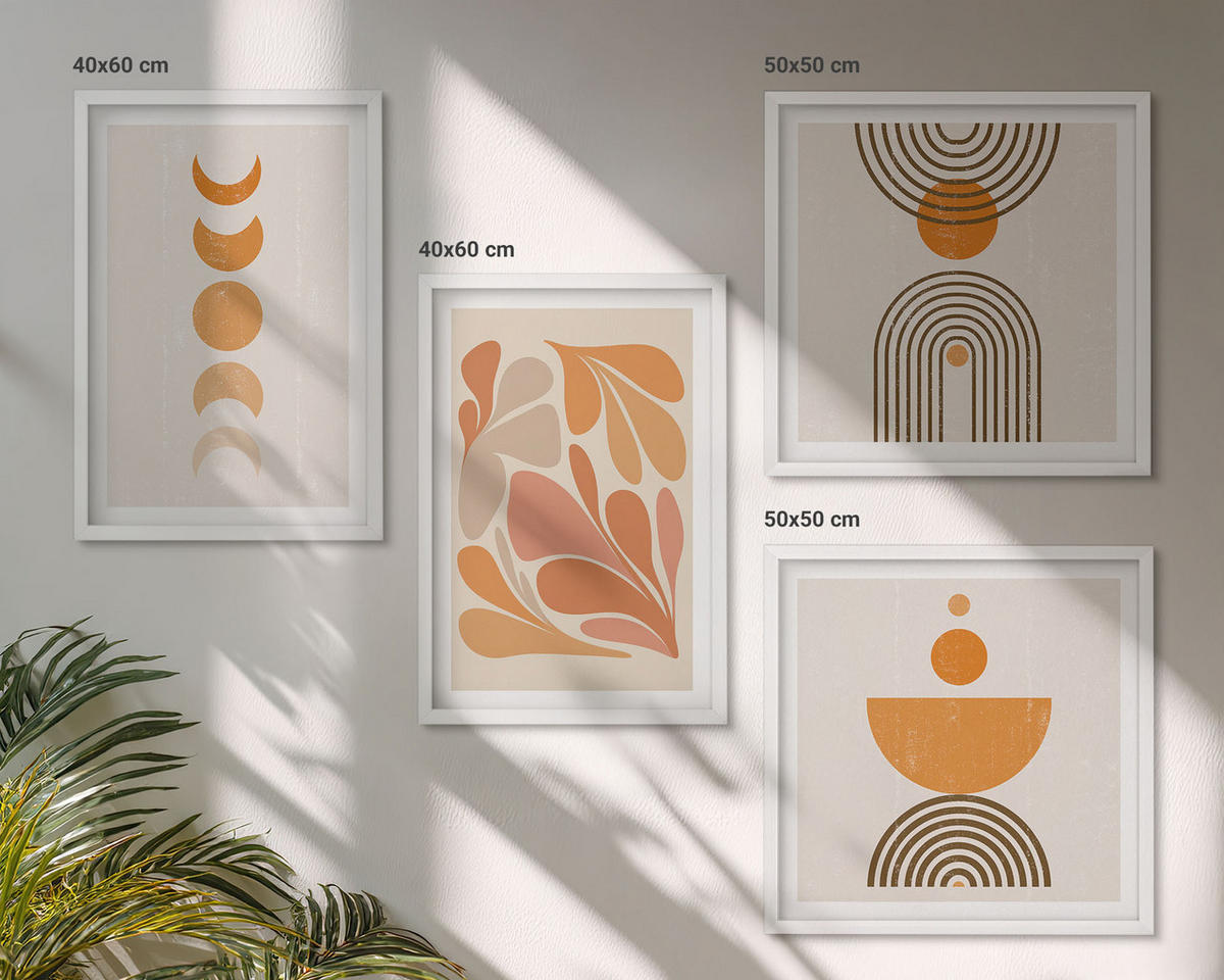 BILDER SET 4er Set - 50x50 cm & 40x60 cm Weißer Rahmen - Abstrakte orange Formen - Weiß, Kunststoff (50/50cm) - TULUP
