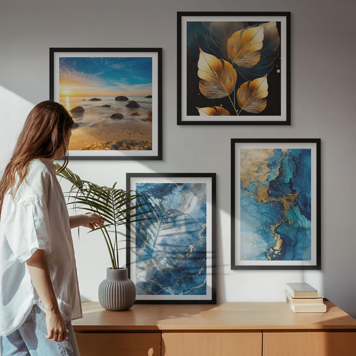 WANDBILDER 4er-Set - 50x50 cm & 40x60 cm Schwarzer Rahmen - Bilder mit blau-goldenen Mustern - Schwarz, Kunststoff (50/50cm) - ArtPrintCave