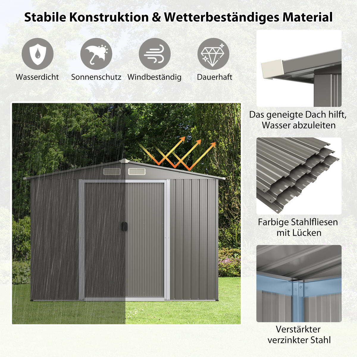 GERATEHAUS mit Fundament Hellgrau - Hellgrau, Metall (207/180/260cm) - COSTWAY
