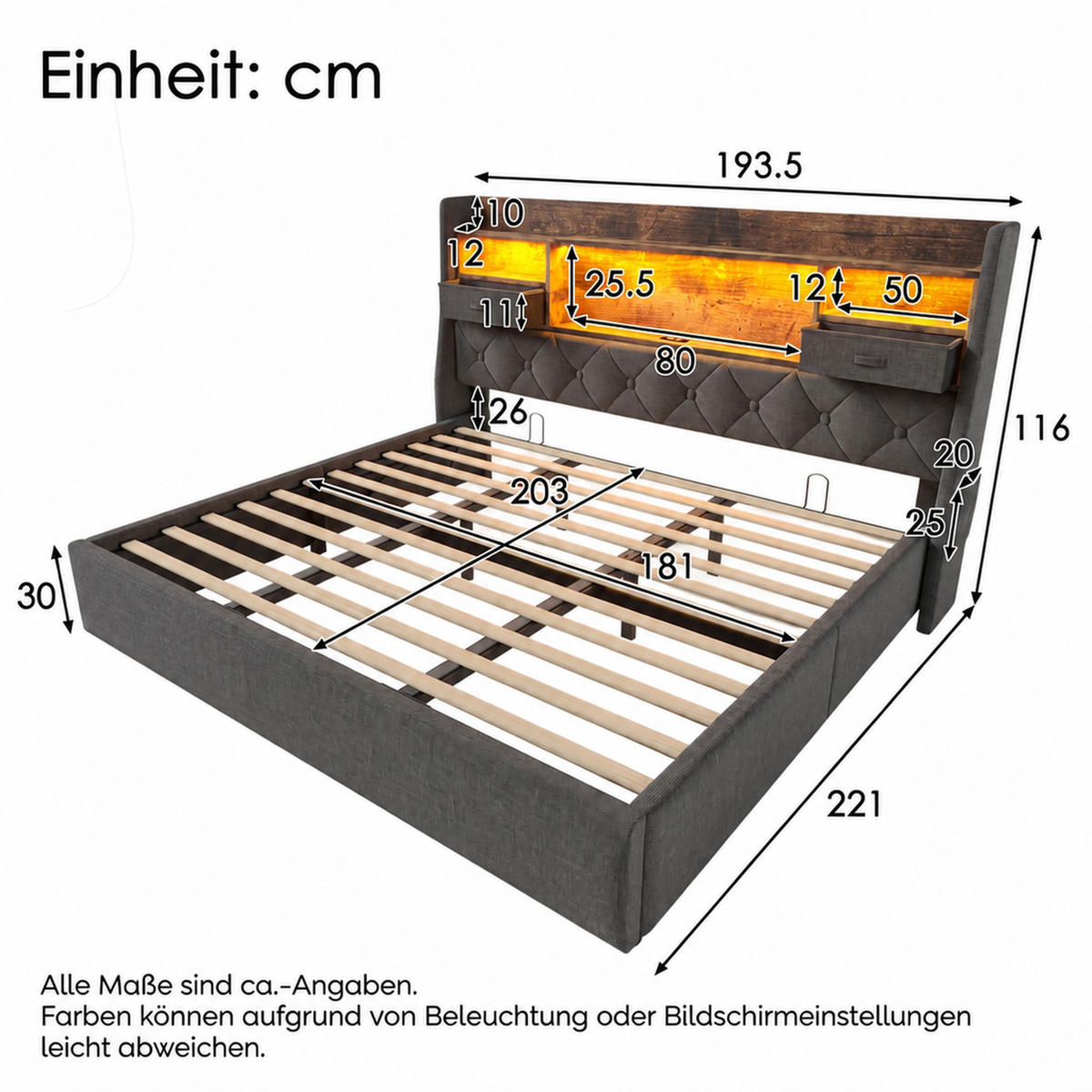 POLSTERBETT 180/200 mit Bettkasten, LED und USB & Type-C in Grau - Grau, Holzwerkstoff/Textil (180/200cm) - EVRYAE
