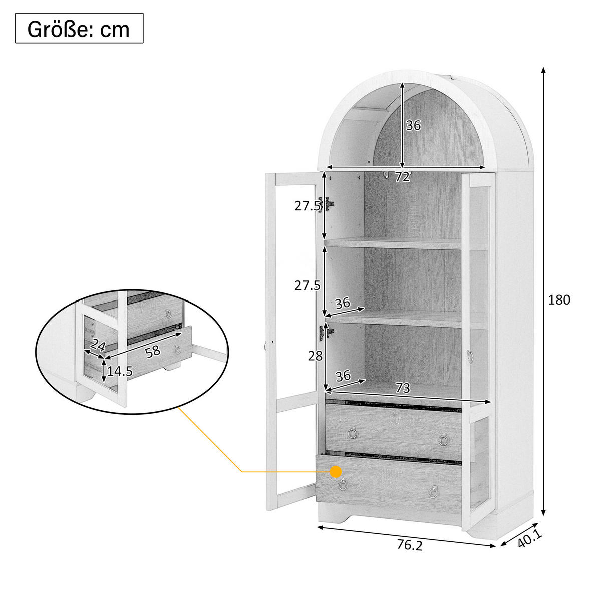 HIGHBOARD Weiß mit Glastüren & Schubladen, Bogen-Design 180cm - Weiß, Holzwerkstoff (76.2/180/40.1cm) - Urban Meuble