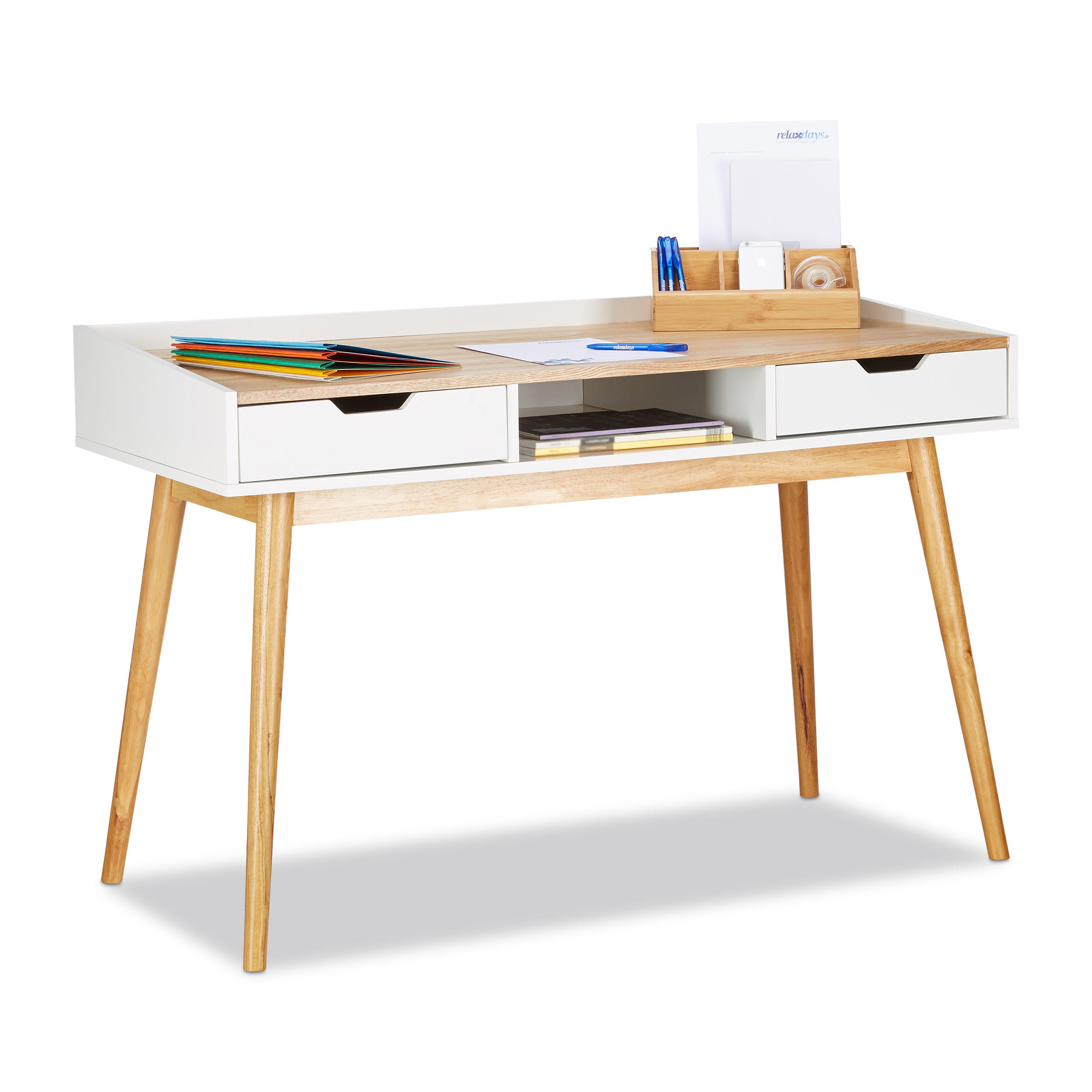 Relaxdays PSACÍ STŮL Bílá Hnědá 2 zásuvky borové dřevo MDF 76/120/55 cm