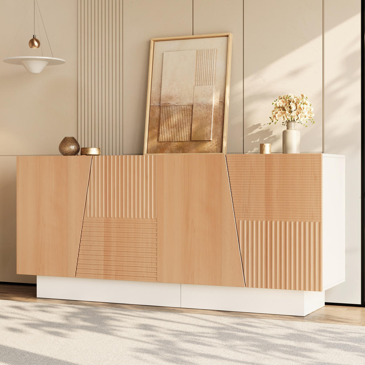 SIDEBOARD geometrische Rillen 4 Türen Stauraum modern - Weiß, Holzwerkstoff (40.5/72/160cm) - FLIEKS