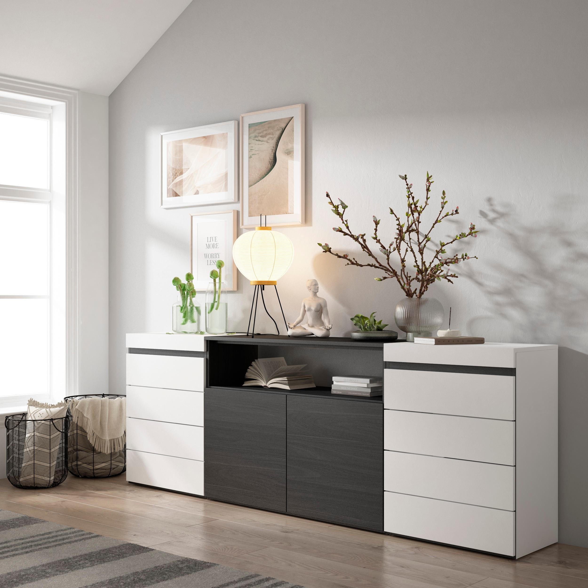 KOMMODE mit Schubladen, SIDEBOARD Schrank, weiß und schwarz, 214/35/75cm - Schwarz/Weiß, Holzwerkstoff (214/75/35cm) - Skraut Home