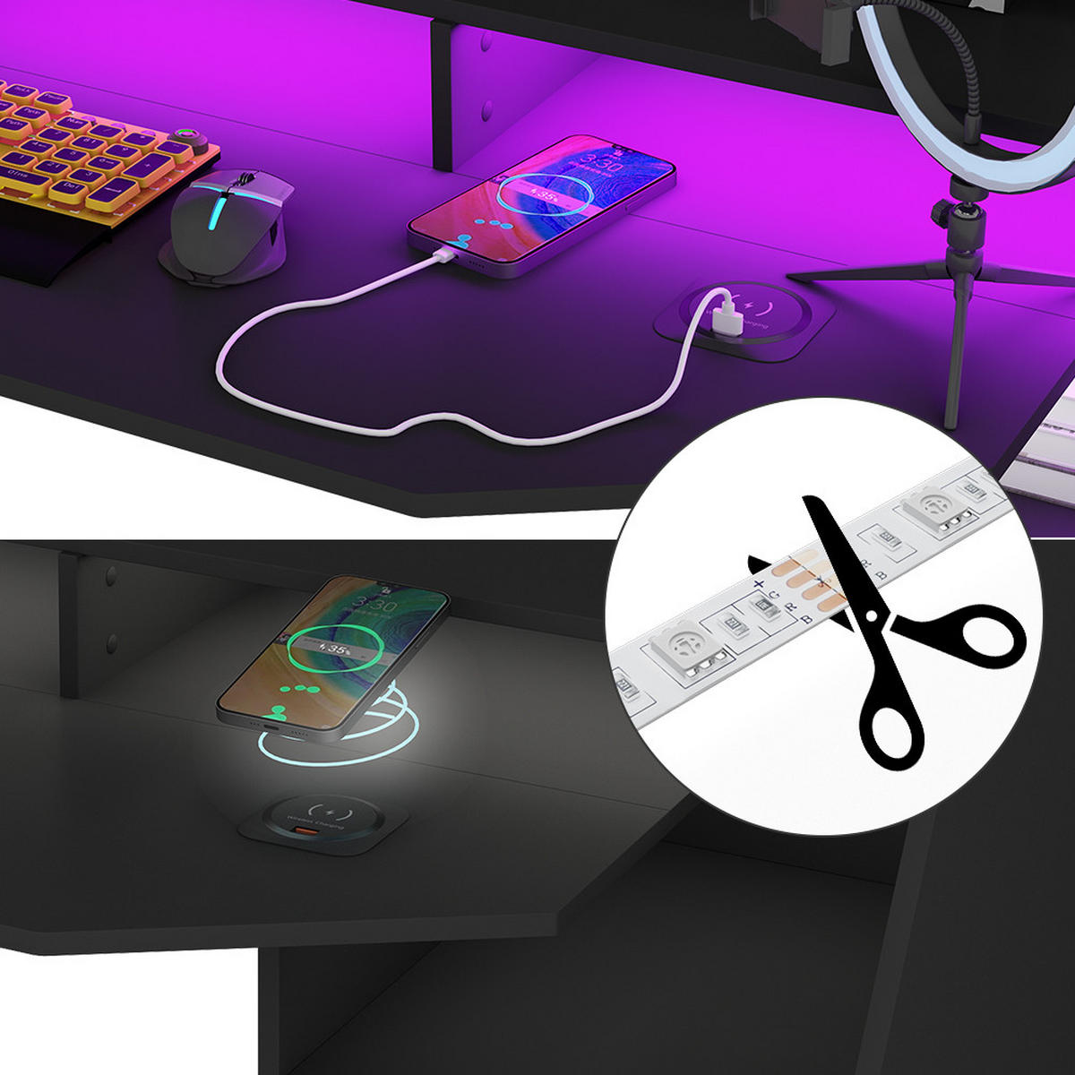 GAMING TISCH Sonic Schwarz 179.8 x 65.5 cm mit LED-Beleuchtung und QI- Ladestation - Schwarz, Holzwerkstoff (65.5/179/90.5cm) - Vicco