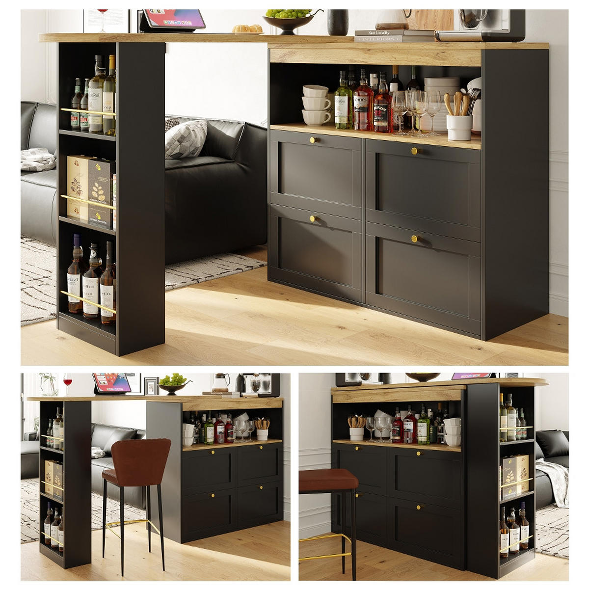 KÜCHENINSEL Bartisch drehbar, mit 4 Schubladen und offenen Ablagen, MDF Schwarz, Esszimmer, 105/39/102 cm - Schwarz, Kunststoff (39/102/105cm) - Rolipo