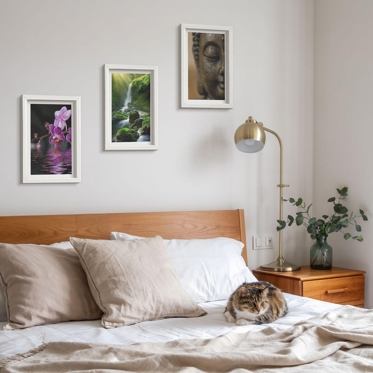 WANDBILDER 3er-Set - 20x30 cm Weißer Rahmen - Blumen, Wasserfall, Buddha-Felsen, Zen - Weiß, Kunststoff (20/30cm) - ArtPrintCave