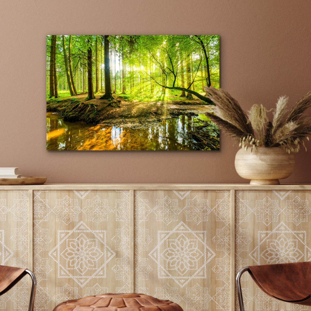 METALLBILD Wald - Landschaft - Wasser - Bäume - Sonne - Grün - Natur 60x40 cm - Grün, Metall (60/40cm) - MuchoWow