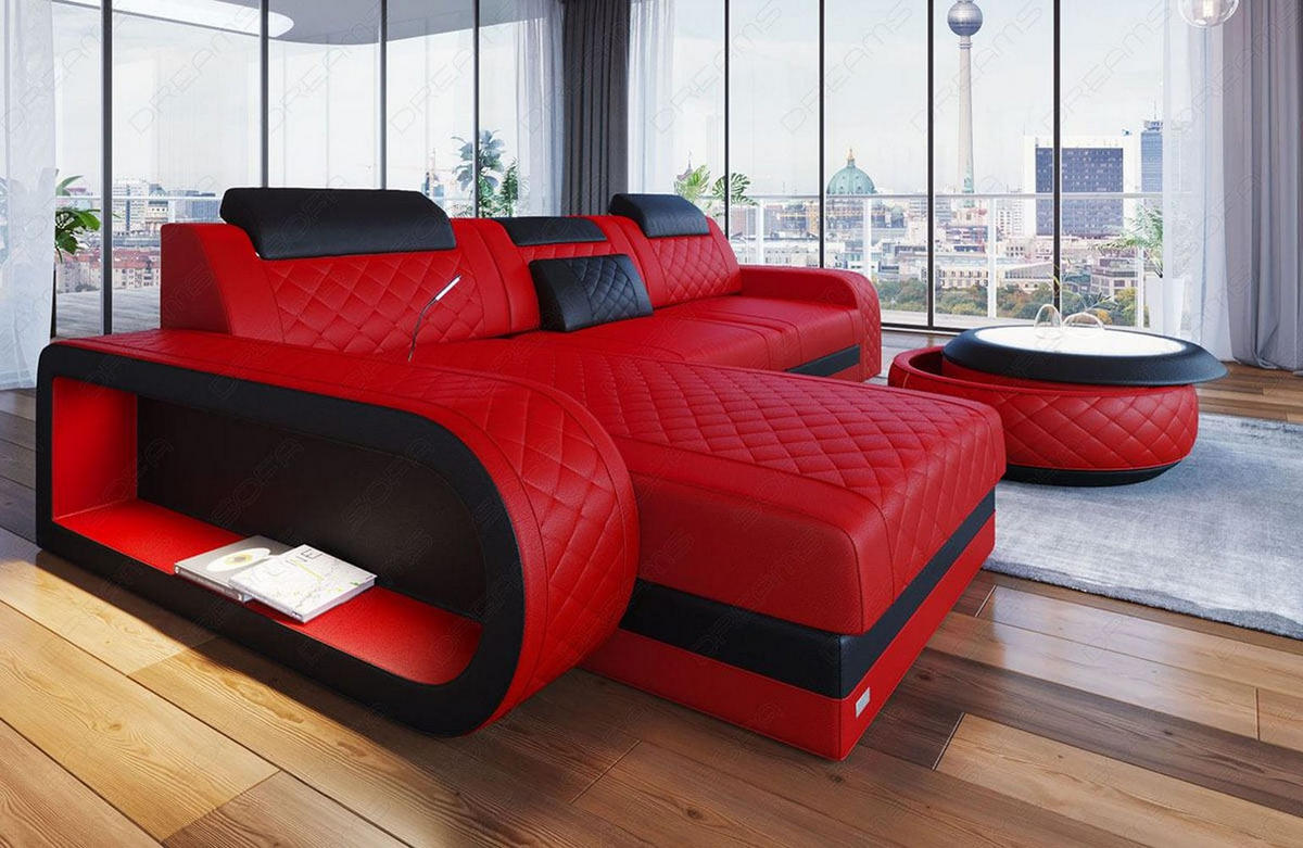 ECKSOFA Sofa Berlin Rot Schwarz Echtleder - Rot, Leder (308/198cm)