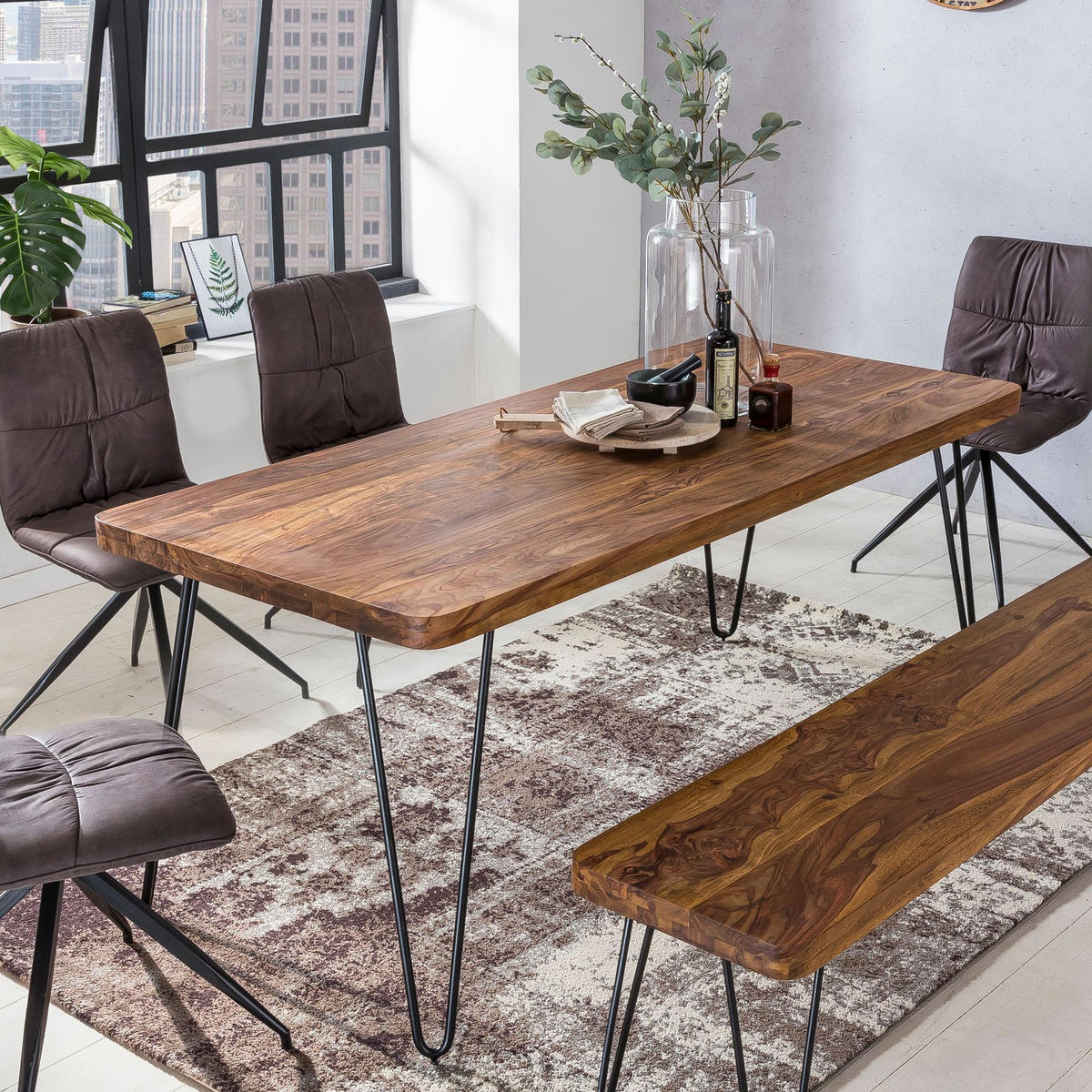 ESSTISCH Massivholz Metallbeine Rechteckig Landhausstil BAGLI, Dunkelbraun 80x200x76 cm - Schwarz/Braun, Holz/Metall (200/80/76cm) - KADIMA DESIGN