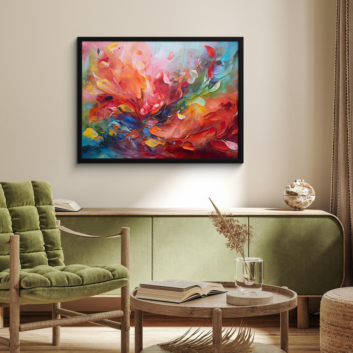POSTER MIT RAHMEN Ölgemälde - Kunst - Abstrakt - Farbenfroh 80x60 cm - Altrosa, Papier (80/60cm) - MuchoWow