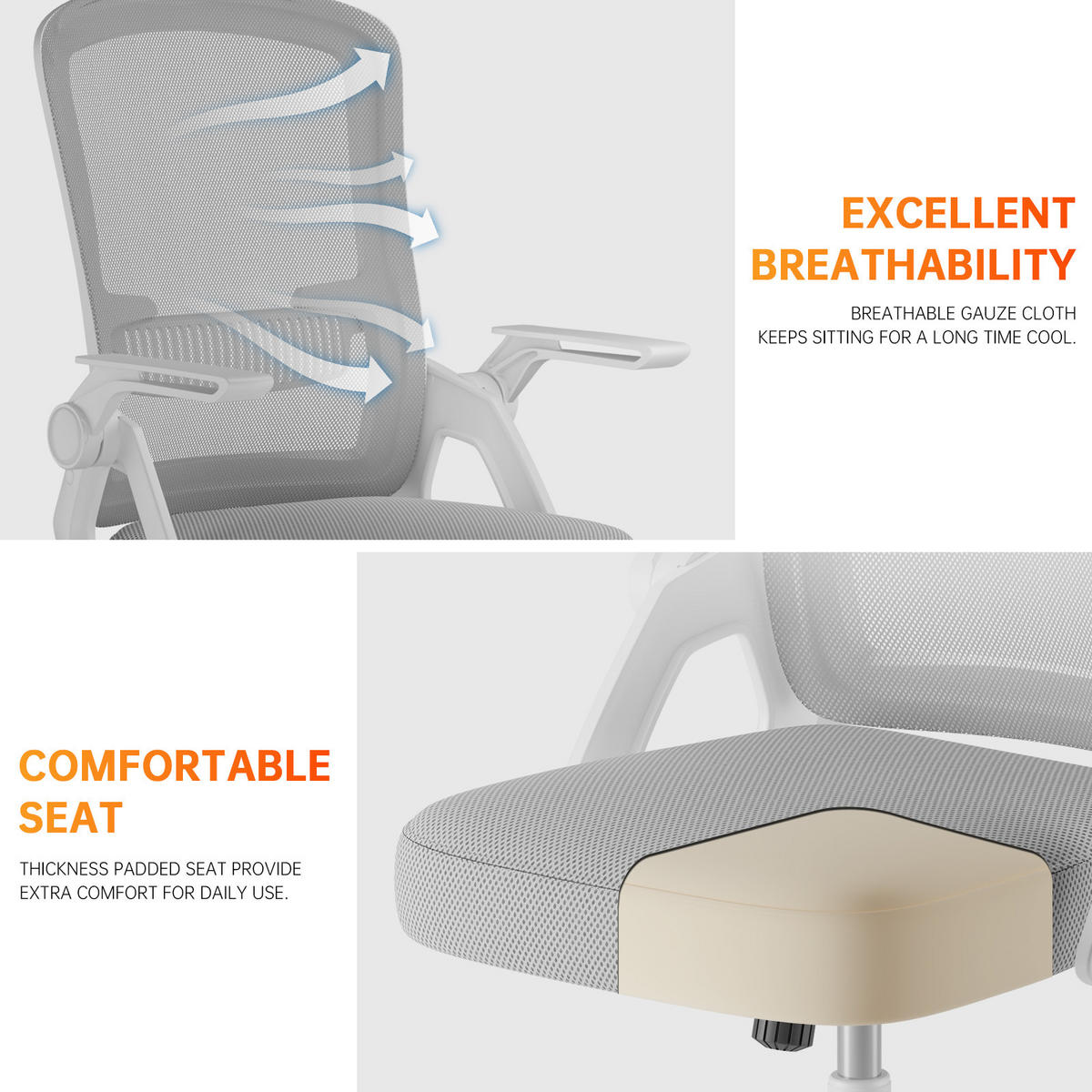 DREHSTUHL Mesh Weiß-Grau ergonomisch klappbare Armlehnen - Grau, Metall (23.5/52/62.5cm) - Rattrix