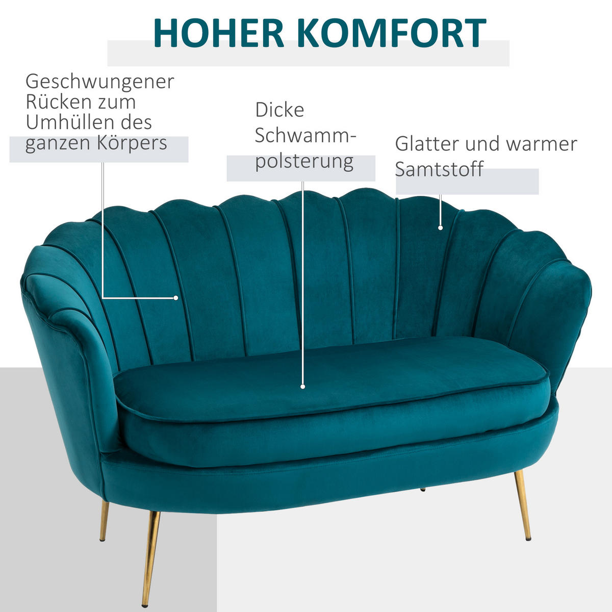 SOFA 2 Sitzer Couch mit Armlehne Dick Gepolstert Polstersofa mit Samtoptik Grün - Dunkelgrün/Goldfarben, Textil/Metall (77/77/130cm) - HOMCOM