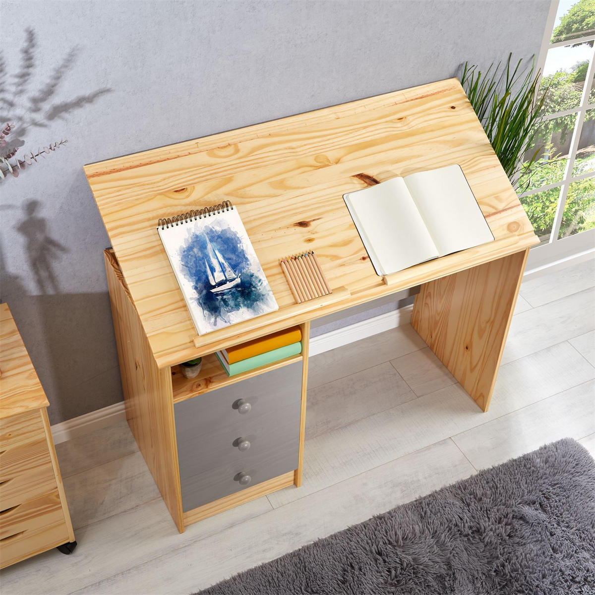 SCHREIBTISCH KEVIN - Naturfarben/Grau, Holz (115/73/60cm) - IDIMEX