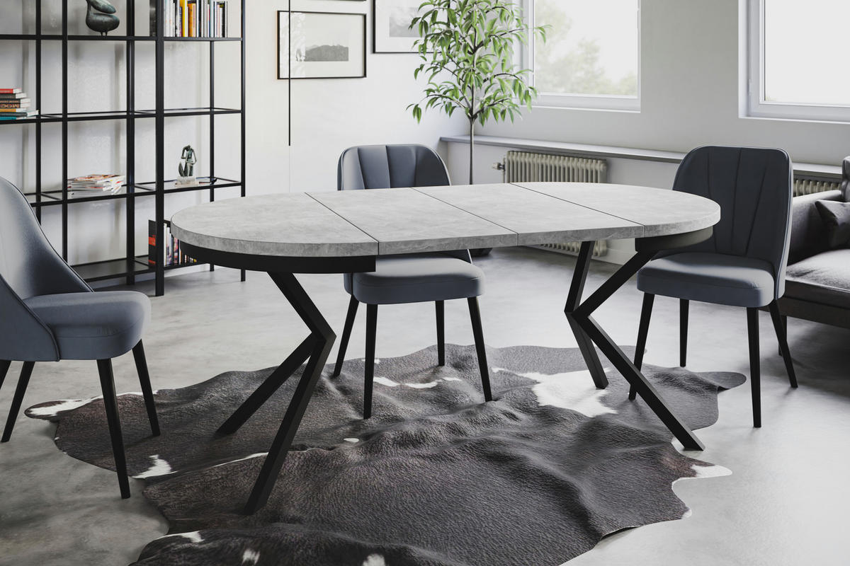 ESSZIMMERTISCH BERGO, ausziehbarer Tisch 120 cm/200 cm, Farbe: Hellgrau, mit Metallbeinen in Farbe Schwarz - Schwarz/Grau, Holzwerkstoff (120/120/76cm) - Alpi-Möbel