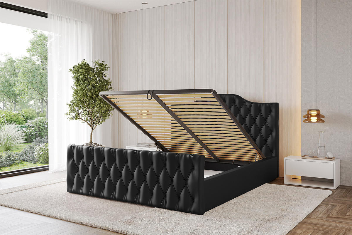 POLSTERBETT mit Bettkasten, Fußteil und Lattenrost, Boxbett mit Matratze H3/H4 - FALIO-Z 180x200 Schwarz Kunstleder - Schwarz Hochglanz, Holzwerkstoff/Textil (180/200cm) - ALTDECOR