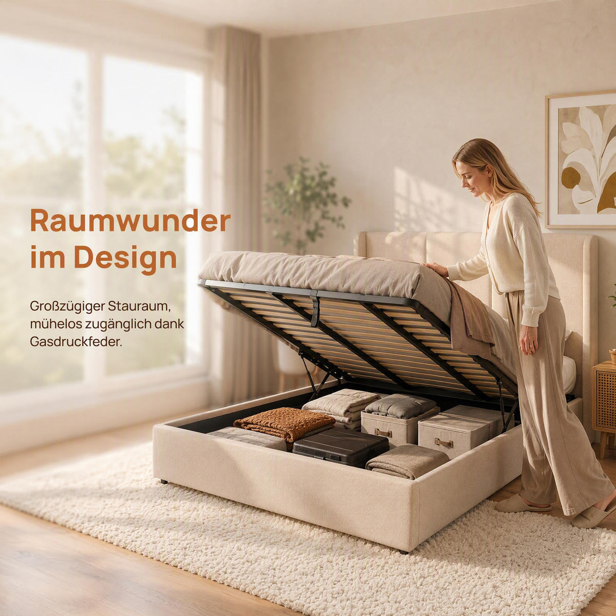 POLSTERBETT 160x200 cm mit Bettkasten und gepolstertem Kopfteil, Lattenrost mit Stauraum, Leinenbezug in Beige - Beige, Holz/Textil (160/200cm) - GENKI LIVING