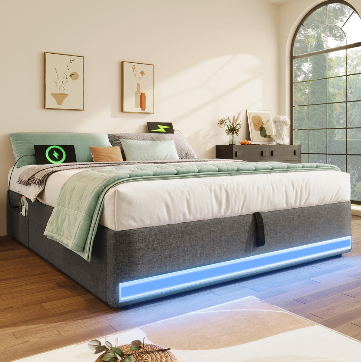 TAPECIRANI krevet 140/200 cm s LED osvjetljenjem, USB i Type-C priključkom te hidrauličnim spremnikom, Siva - siva, tekstil (140/200cm) - Redom
