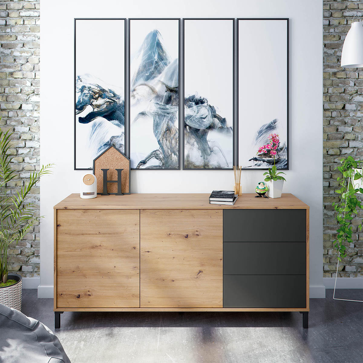 SIDEBOARD mit 2 Türen und 3 Schubladen Brooklyn - L154cm - Eiche Artisan/Grau, Holzwerkstoff (41/74/154cm) - Calicosy