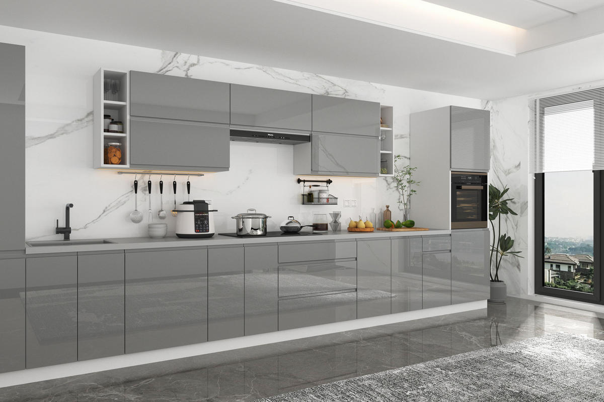 KÜCHENZEILE 500 cm – Aspen KA2-M500 - in Grau/Hochglanz - Grau, Holz (500/212/58cm)