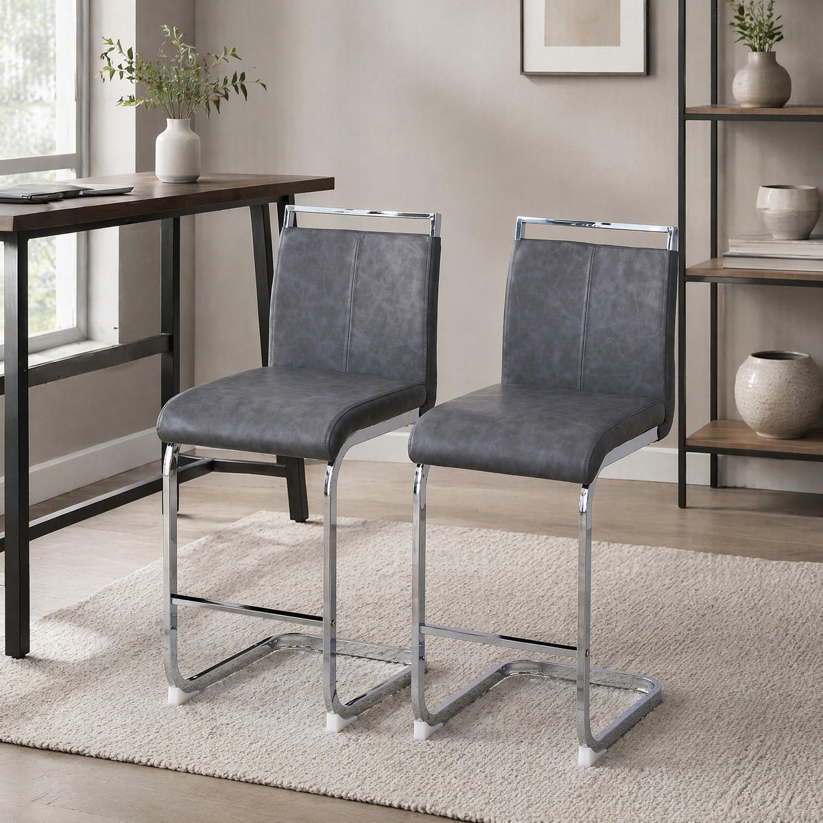 BARHOCKER 2er-Set 96,5 cm Dunkelgrau mit PU-Bezug - Dunkelgrau, Metall (46.5/96.5/38.9cm) - MIVRAY