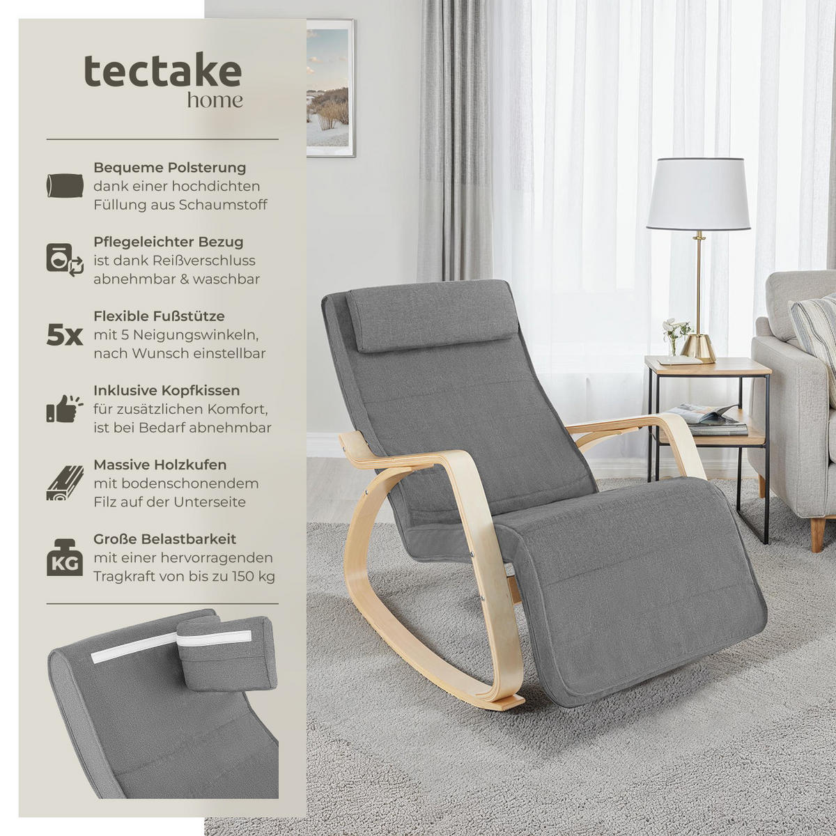 SCHAUKELSTUHL Onda,67 x 115 x 86 cm,hellgrau - Hellgrau, Holz (115/86/67cm) - tectake