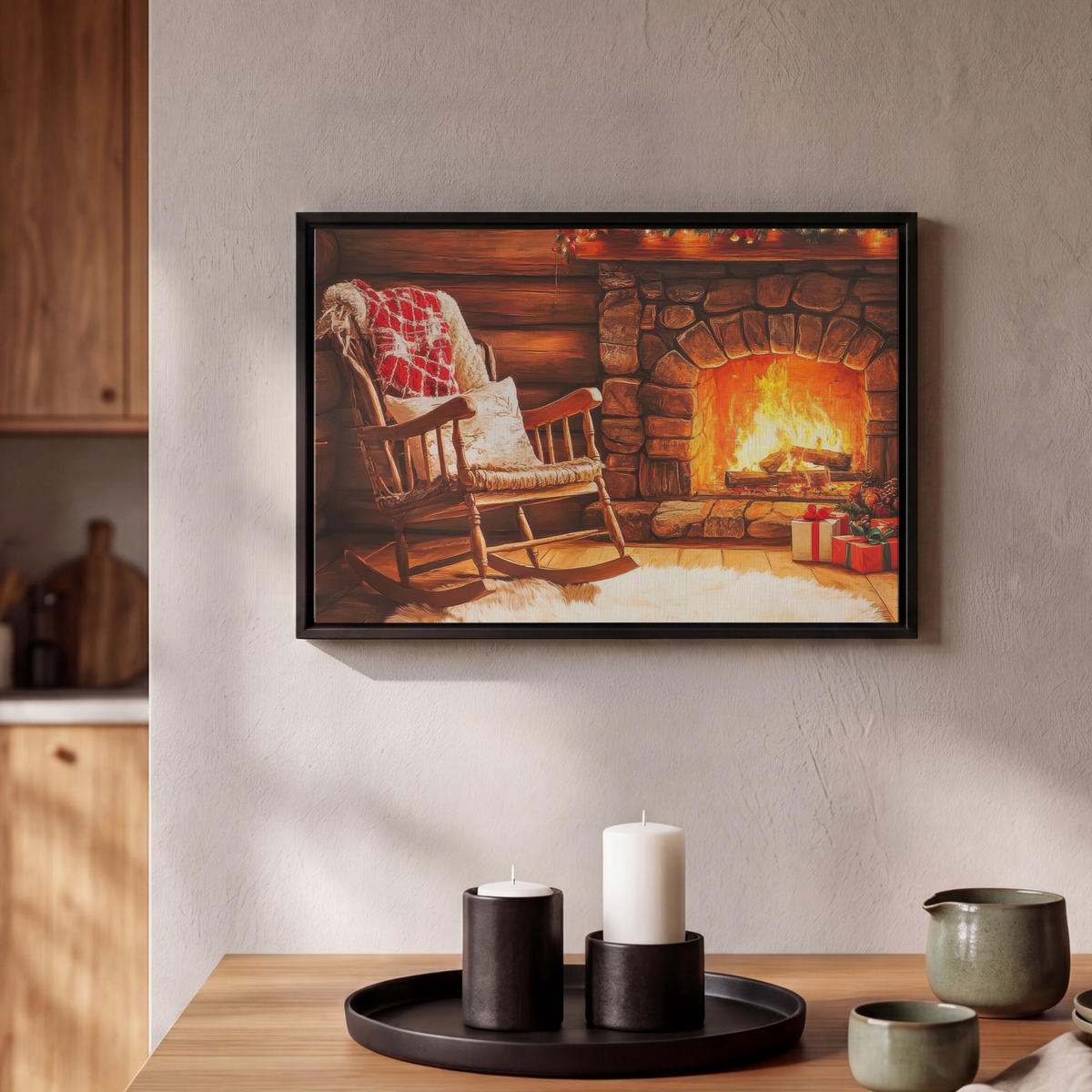 LEINWAND Bilder mit Rahmen - Winter - Weihnachten - Zuhause - Kamin - 30x20 - Bernsteinfarben, Textil (30/20cm) - MuchoWow