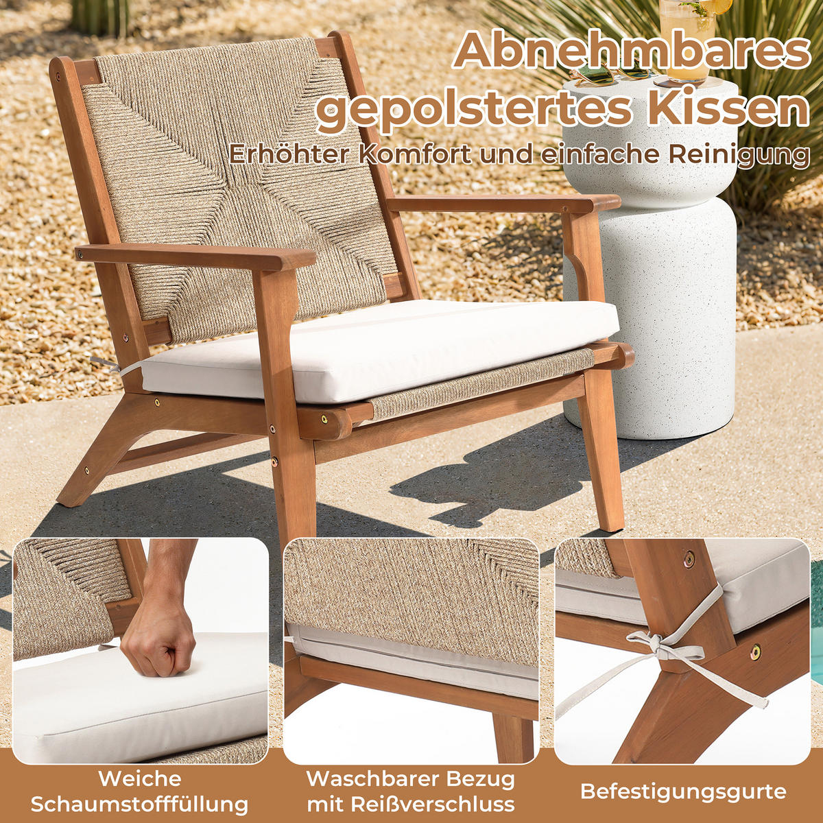 73CM Outdoor-Ess- und Terrassenstuhl aus Akazienholz mit Kissen - Ahornfarben, Holz (73/73/64.5cm) - Hometopia